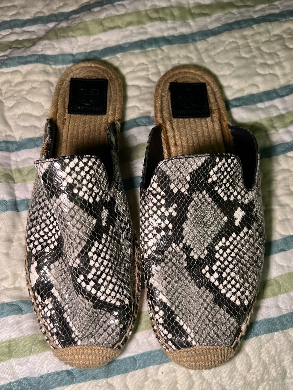 Tory Burch Max Snake-print Black & Natural Espadrille Slide Sandals